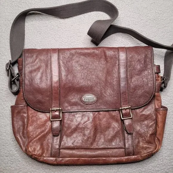 Fossil Messenger Bag Brown Cowhide Leather Crossbody Laptop Satchel Distressed